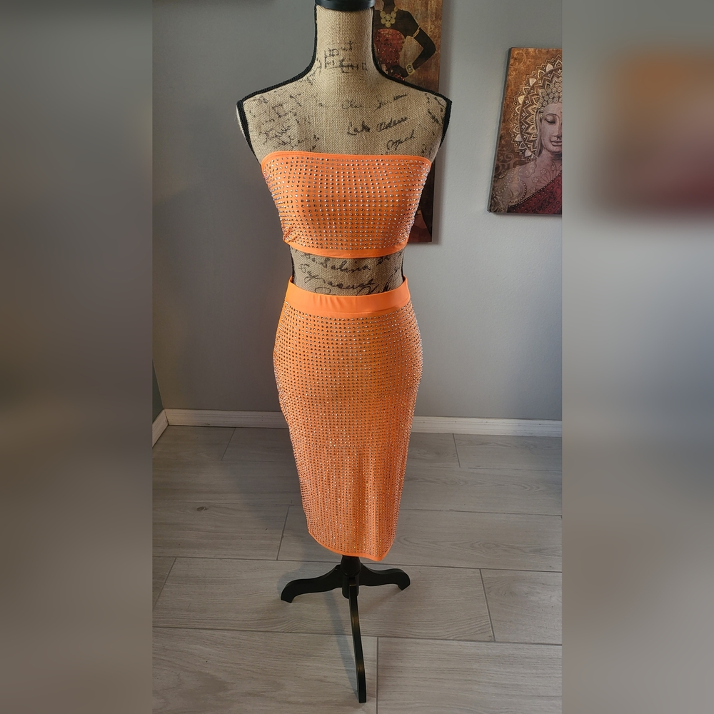 Orange Rhinestones Skirt Set